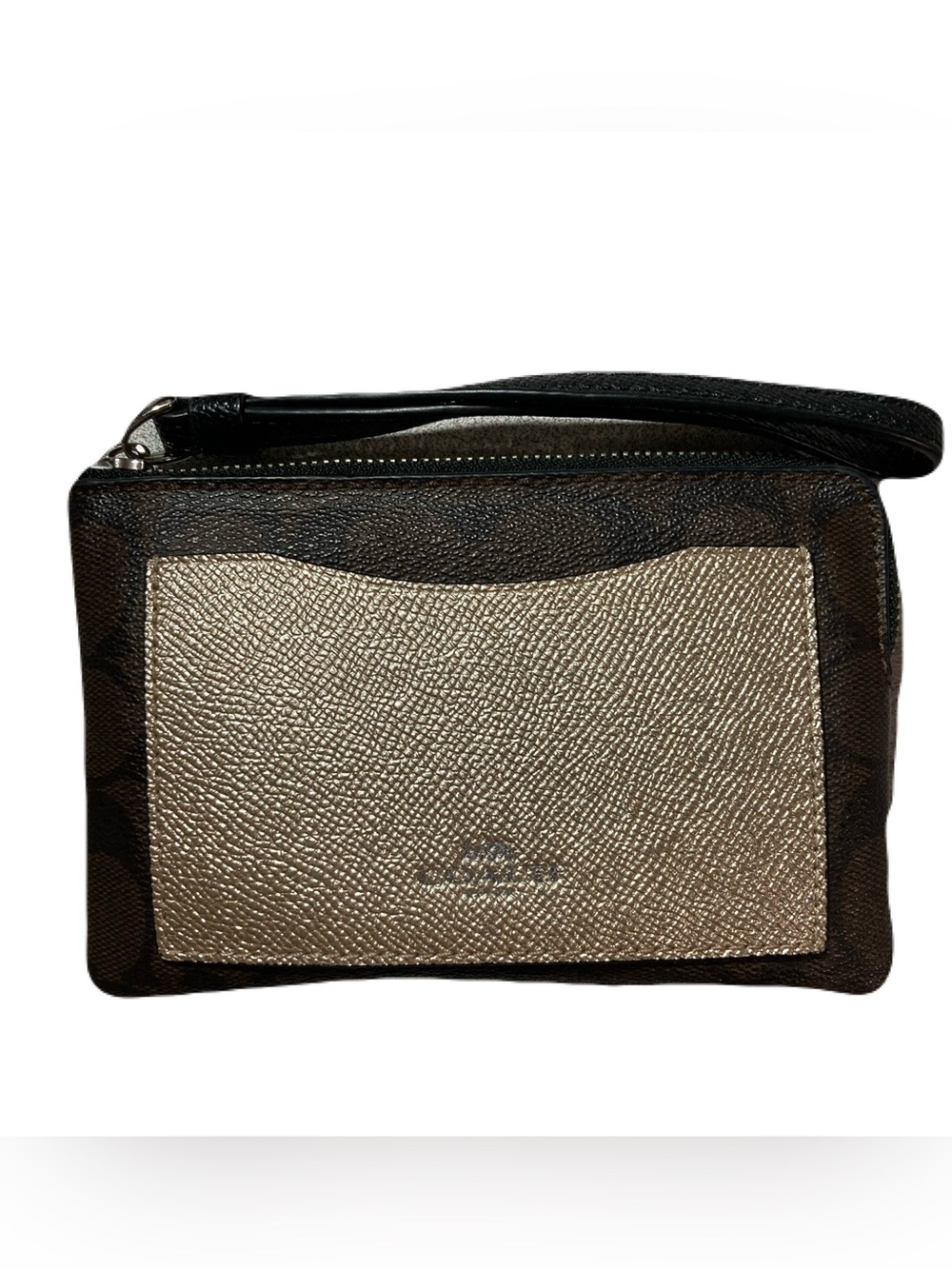 Coach Signature Corner Zip Wristlet C Monogrammed Gold Metallic Pocket Euc